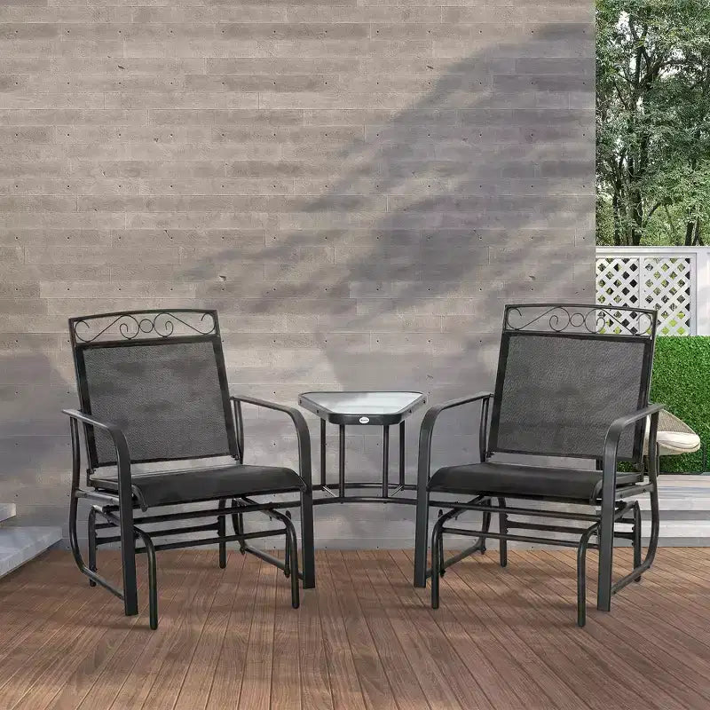 Outsunny Outdoor Glider Chairs with Coffee Table, Patio 2-Seat Rocking Chair Swing with Breathable Sling for Backyard, Garden and Porch