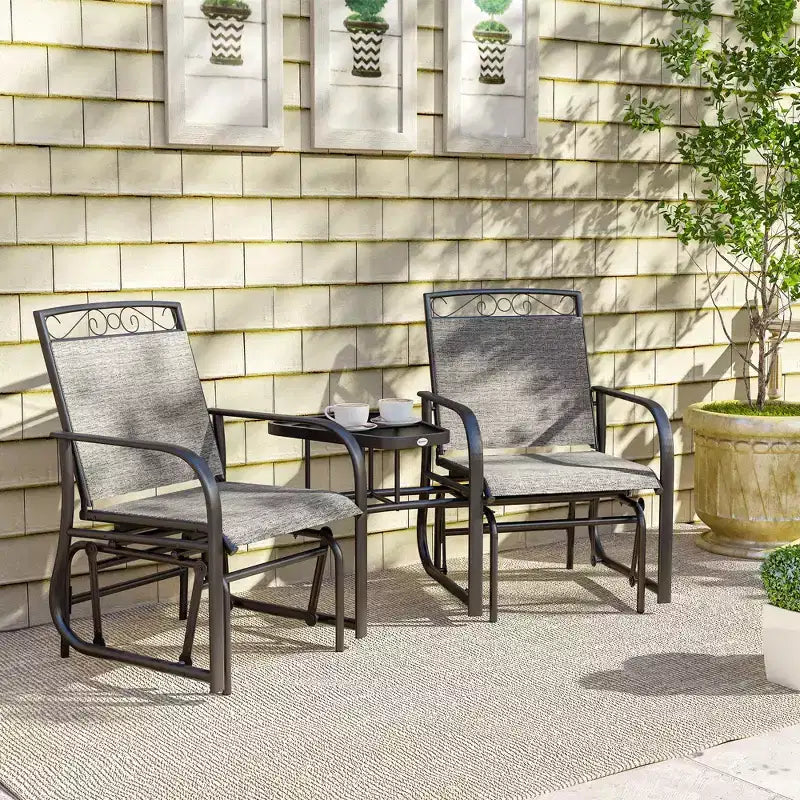 Outsunny Outdoor Glider Chairs with Coffee Table, Patio 2-Seat Rocking Chair Swing with Breathable Sling for Backyard, Garden and Porch