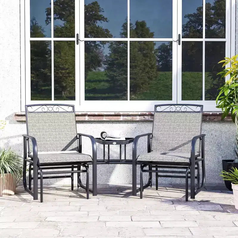 Outsunny Outdoor Glider Chairs with Coffee Table, Patio 2-Seat Rocking Chair Swing with Breathable Sling for Backyard, Garden and Porch