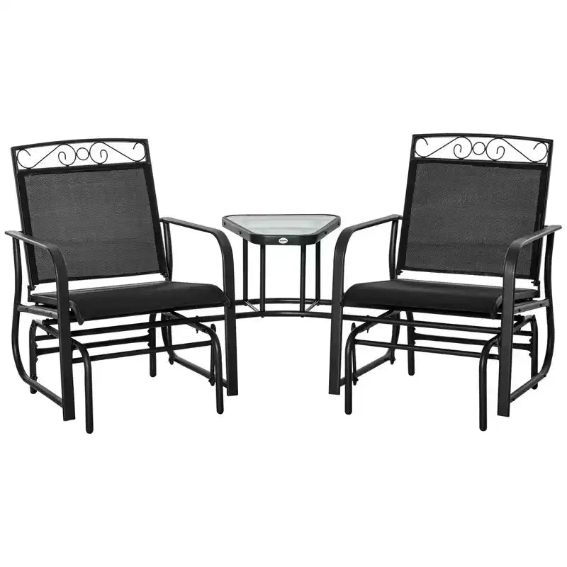 Outsunny Outdoor Glider Chairs with Coffee Table, Patio 2-Seat Rocking Chair Swing with Breathable Sling for Backyard, Garden and Porch
