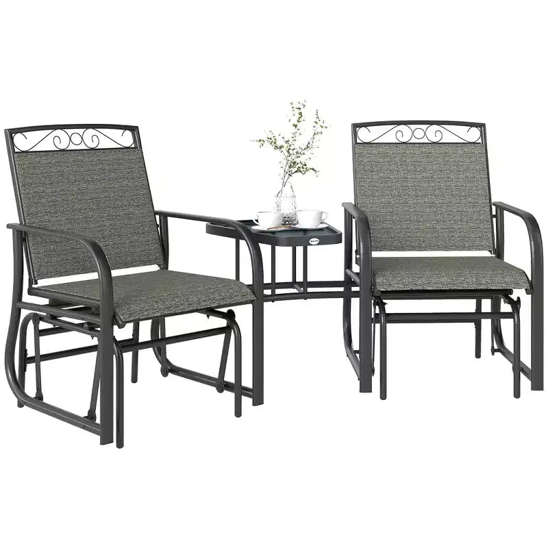 Outsunny Outdoor Glider Chairs with Coffee Table, Patio 2-Seat Rocking Chair Swing with Breathable Sling for Backyard, Garden and Porch