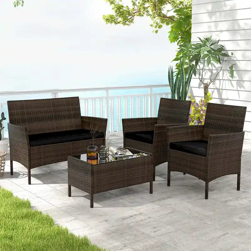 Costway Ensemble de Meubles de Jardin 4 Pièces avec Coussins Lavables et Verre Trempé - Voir les Détails