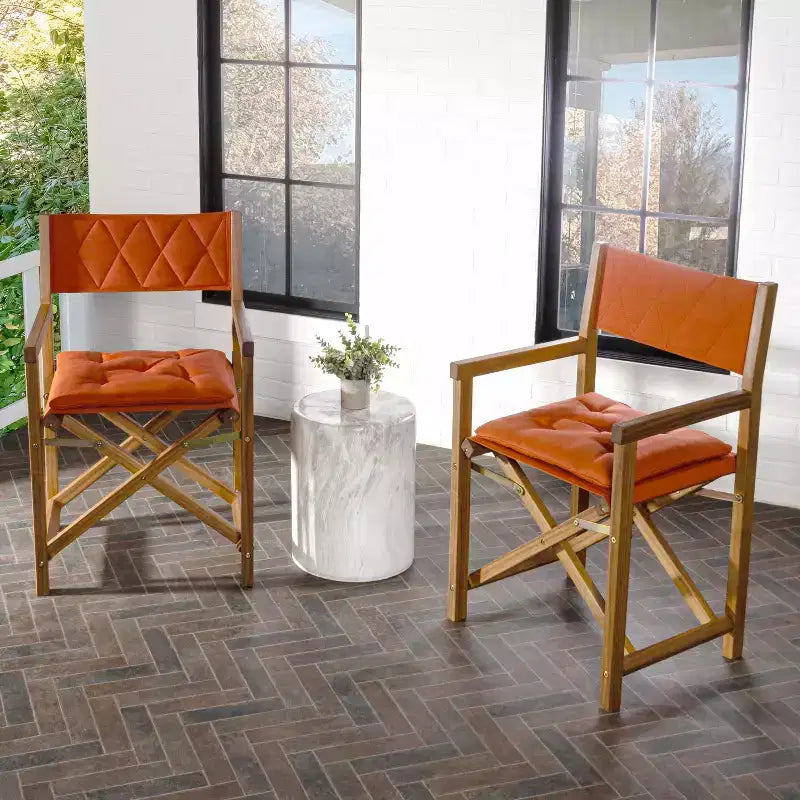 Waldo Classic Mid-Century Outdoor Acacia Wood Foldable Diamond-Quilted Back Director Chair with Cushion (Set of 2) - JONATHAN Y