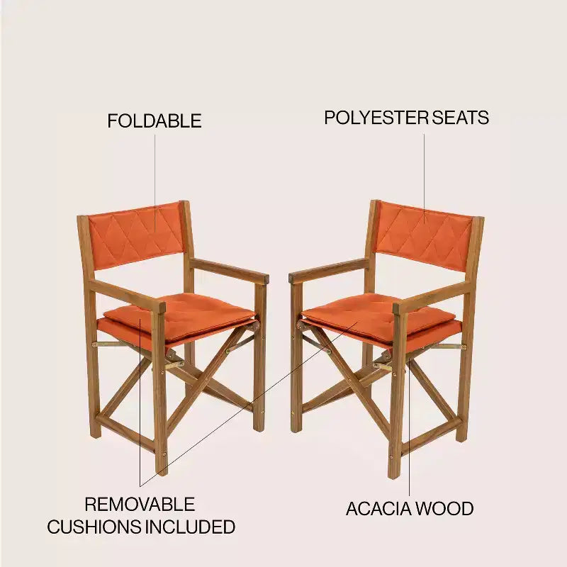 Waldo Classic Mid-Century Outdoor Acacia Wood Foldable Diamond-Quilted Back Director Chair with Cushion (Set of 2) - JONATHAN Y
