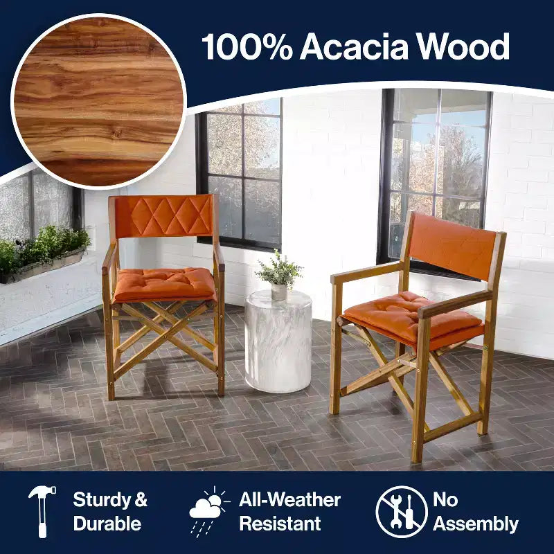 Waldo Classic Mid-Century Outdoor Acacia Wood Foldable Diamond-Quilted Back Director Chair with Cushion (Set of 2) - JONATHAN Y