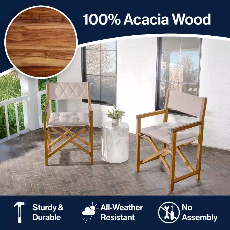 Waldo Classic Mid-Century Outdoor Acacia Wood Foldable Diamond-Quilted Back Director Chair with Cushion (Set of 2) - JONATHAN Y