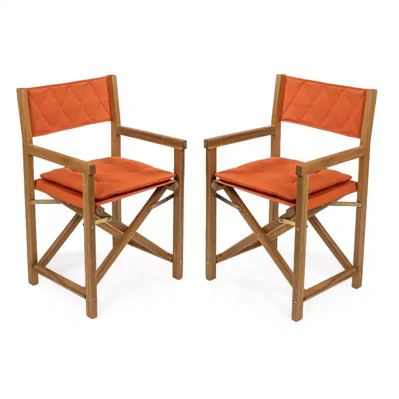 Waldo Classic Mid-Century Outdoor Acacia Wood Foldable Diamond-Quilted Back Director Chair with Cushion (Set of 2) - JONATHAN Y