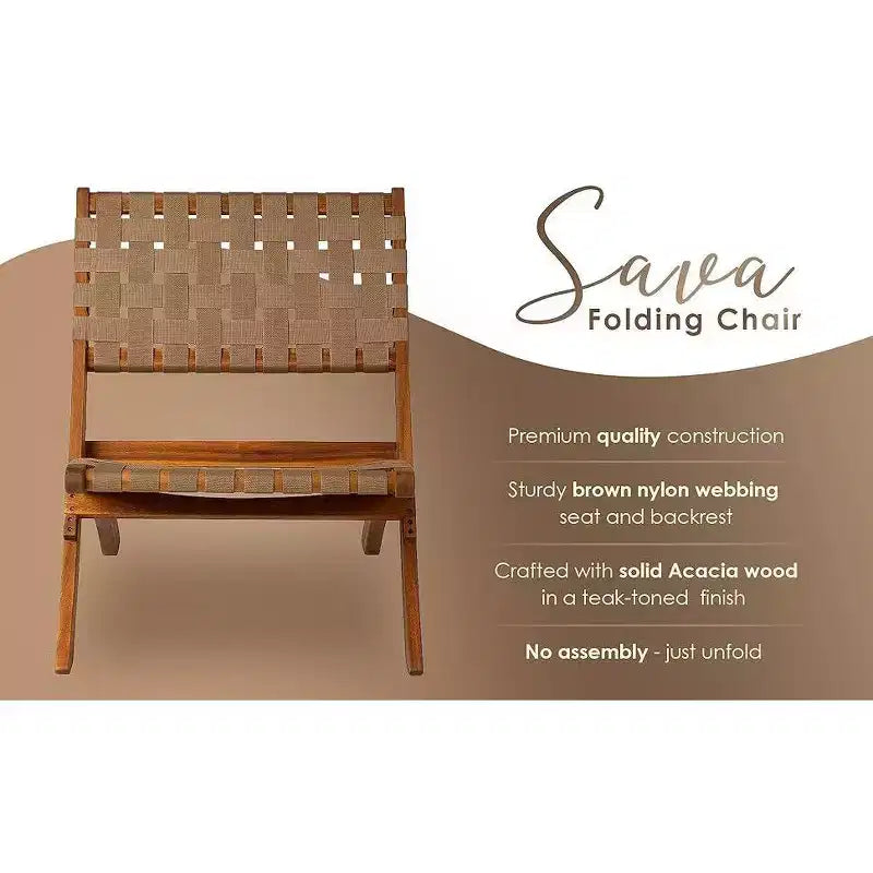 Balkene Home Sava Indoor Outdoor Folding Chair All Weather Wicker Low Slung Portable Seating Solid Acacia Wood Woven Seat - Brown Webbing