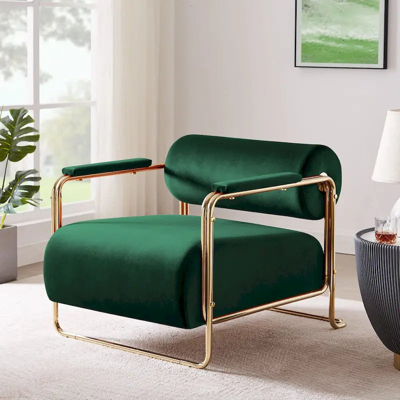 Fauteuil d'appoint en velours de 79 cm de large avec dossier cylindrique et cadre en métal doré
