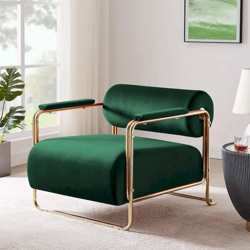 31" Wide Velvet Accent Armchair with Cylindrical Backrest and Gold Metal Frame