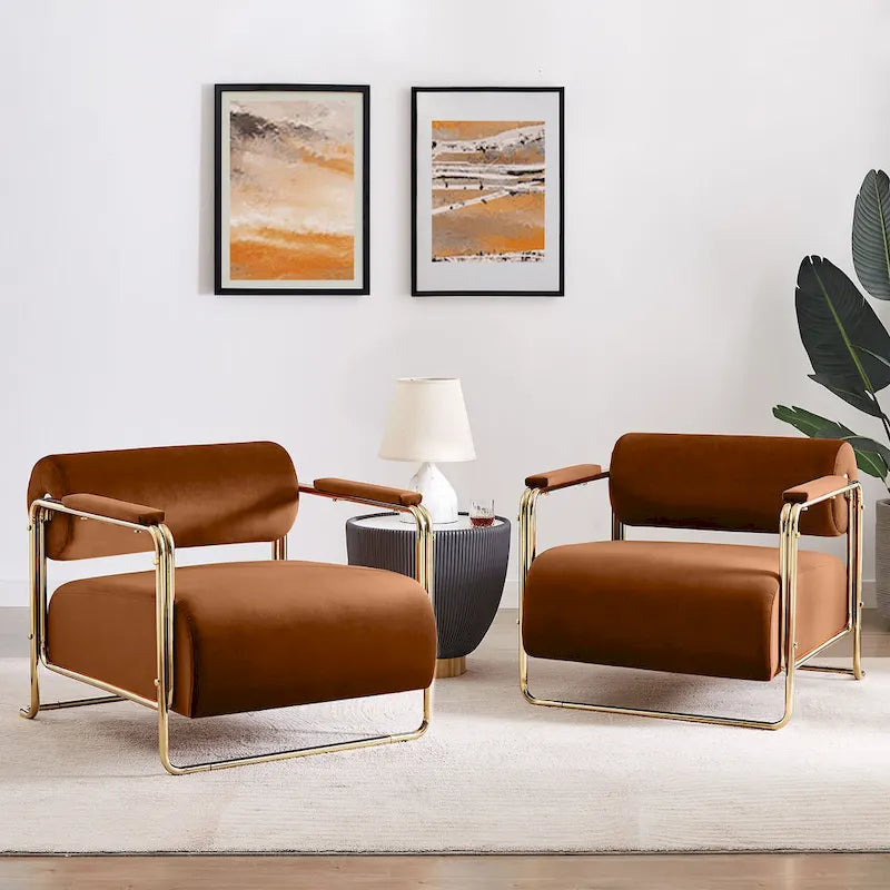 Fauteuil d'appoint en velours de 79 cm de large avec dossier cylindrique et cadre en métal doré