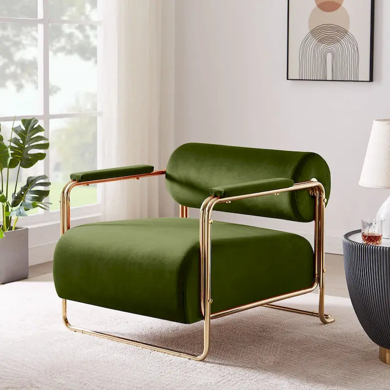 Fauteuil d'appoint en velours de 79 cm de large avec dossier cylindrique et cadre en métal doré