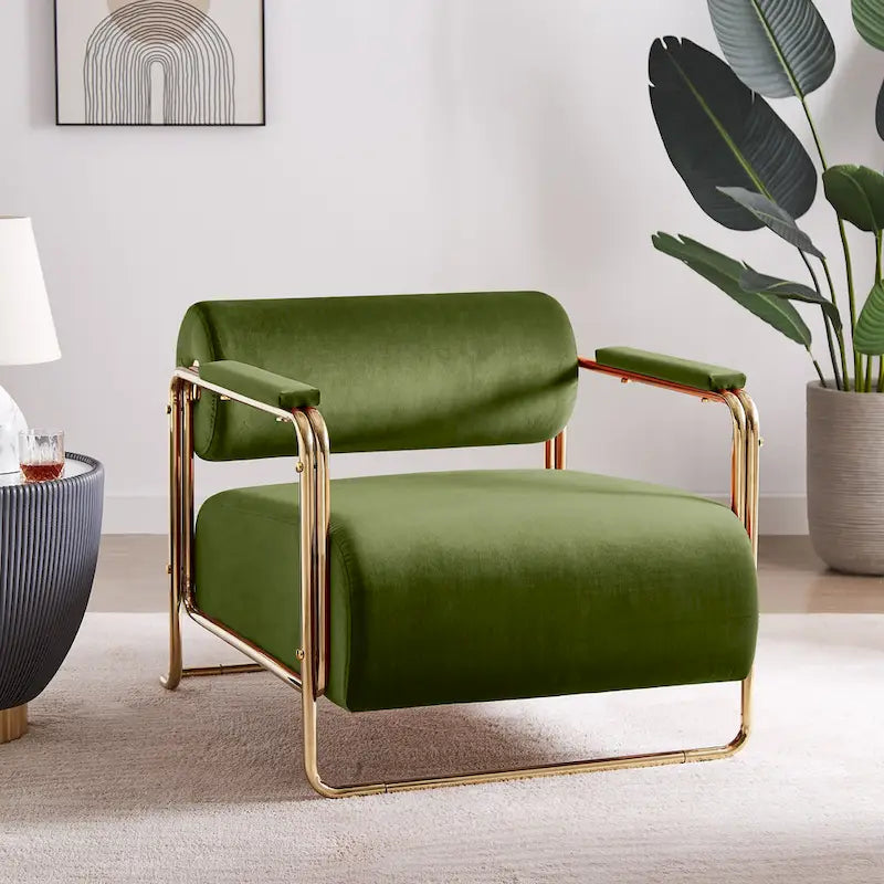 Fauteuil d'appoint en velours de 79 cm de large avec dossier cylindrique et cadre en métal doré