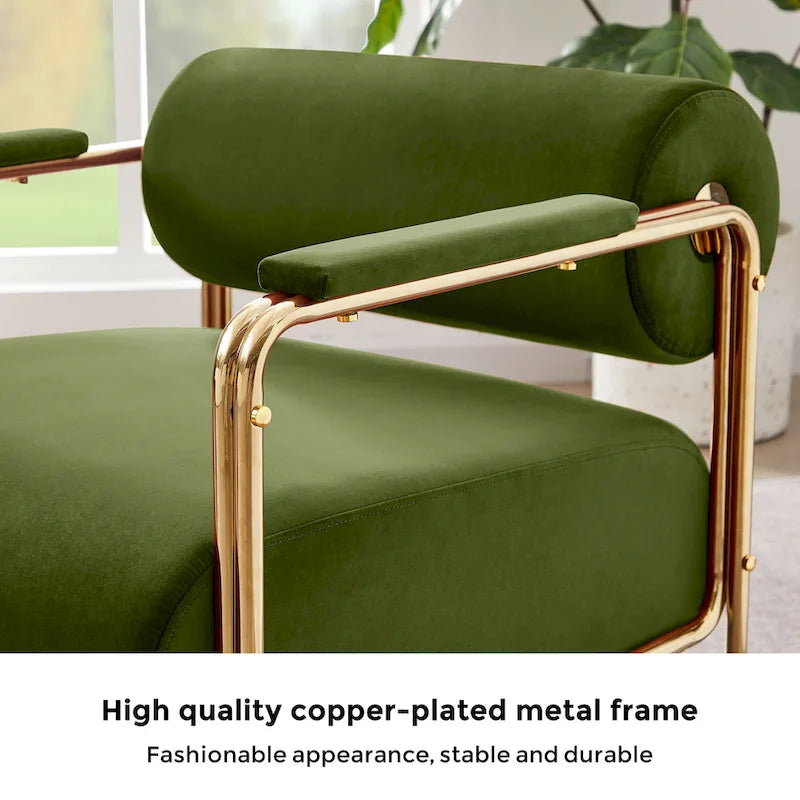 Fauteuil d'appoint en velours de 79 cm de large avec dossier cylindrique et cadre en métal doré