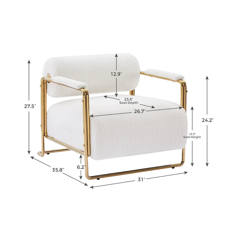 Fauteuil d'appoint en velours de 79 cm de large avec dossier cylindrique et cadre en métal doré