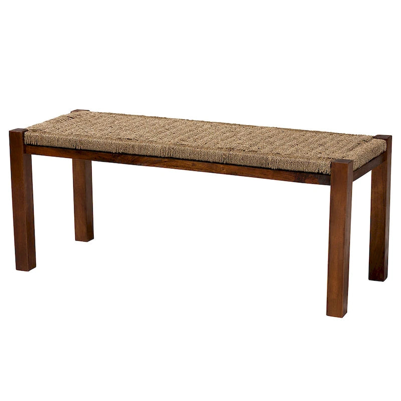 Banc Hermes de style Transitionnel Moderne du Milieu du Siècle en Herbes Marines Naturelles et Bois d'Acajou