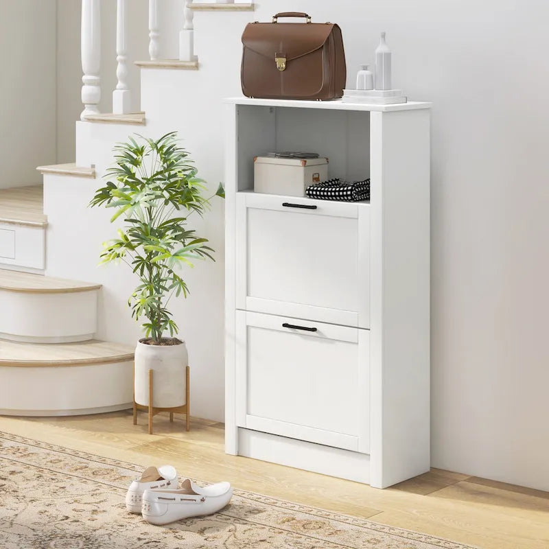 HOMCOM Shoe Cabinet, Freestanding Shoe Storage Cabinet Organizer with 2 Flip Drawers, Adjustable Shelves