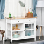 HOMCOM Kitchen Island Utility Storage Cart with Rubber Wood Top, Towel Rack, 2 Cabinets & Drawers for Dining Room
