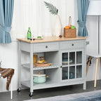 HOMCOM Kitchen Island Utility Storage Cart with Rubber Wood Top, Towel Rack, 2 Cabinets & Drawers for Dining Room