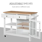 HOMCOM Kitchen Island Utility Storage Cart with Rubber Wood Top, Towel Rack, 2 Cabinets & Drawers for Dining Room