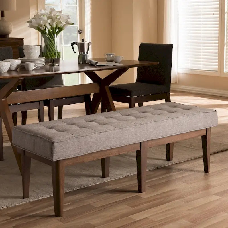 Mid-Century Fabric Button-Tufted Bench by