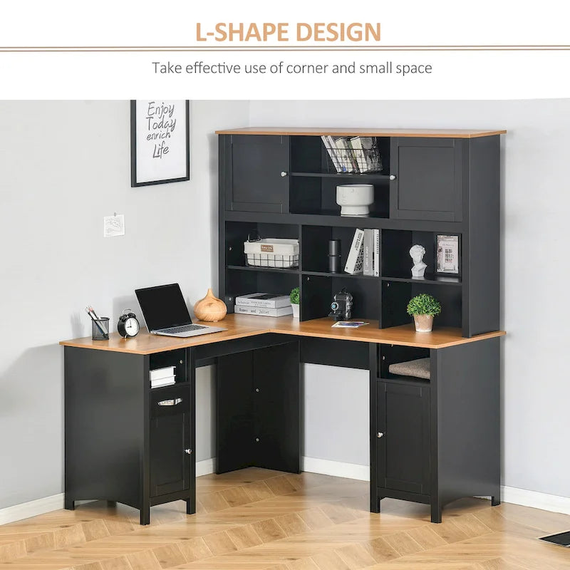 HOMCOM L-Shaped Corner Computer Desk with Hutch, Home Office Desk Study Workstation Table