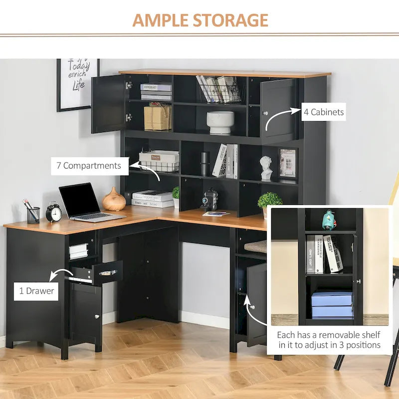 HOMCOM L-Shaped Corner Computer Desk with Hutch, Home Office Desk Study Workstation Table