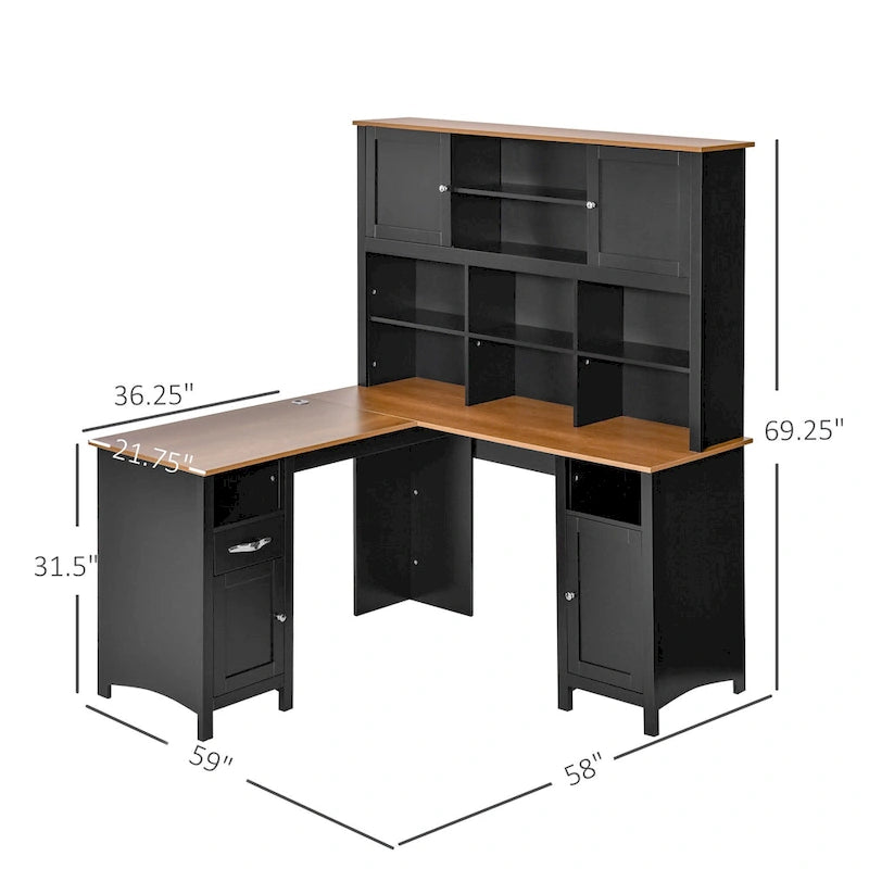 HOMCOM L-Shaped Corner Computer Desk with Hutch, Home Office Desk Study Workstation Table