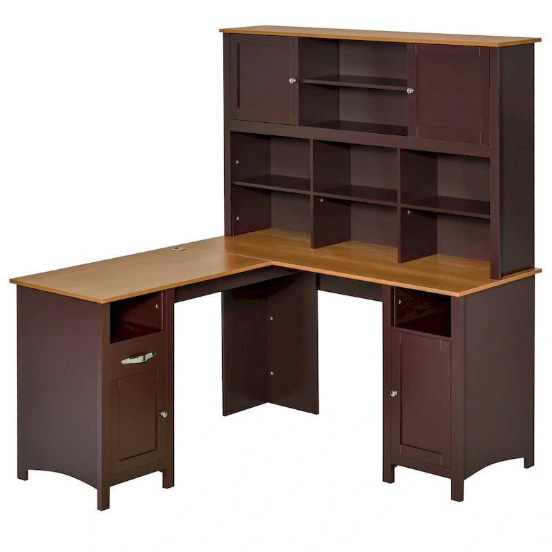 HOMCOM L-Shaped Corner Computer Desk with Hutch, Home Office Desk Study Workstation Table