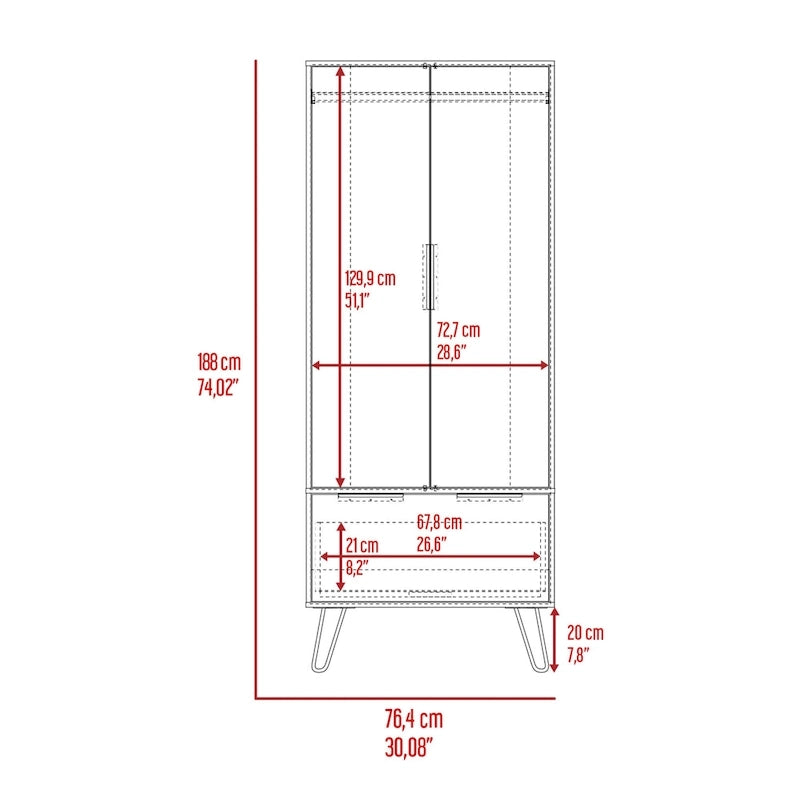 TUHOME Augusta Closet with Hanging Rod, Drawer, Hairpin Legs, and Double Door Cabinet - N/A