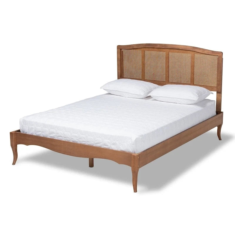 Wood and Synthetic Rattan Platform Bed – Ash Walnut, French Provincial Style