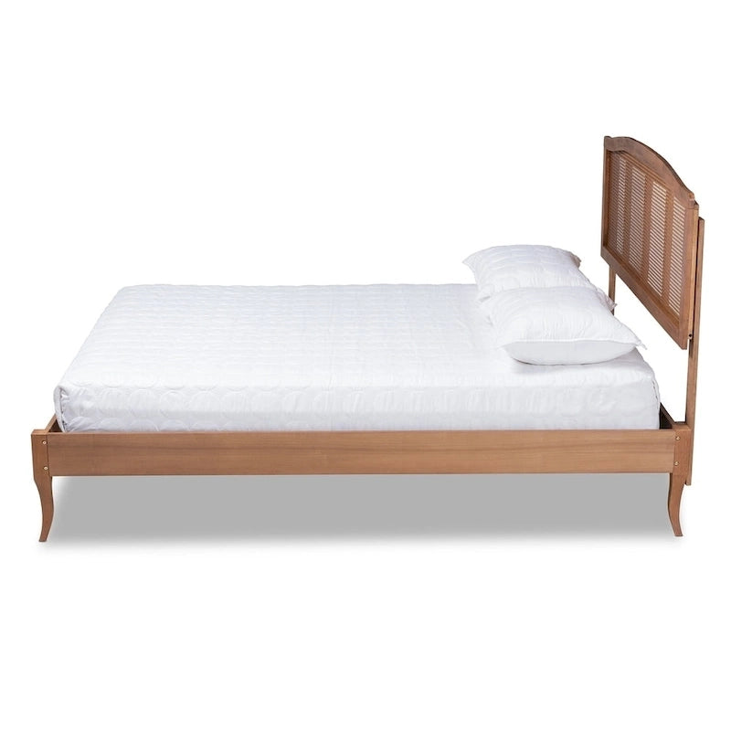 Wood and Synthetic Rattan Platform Bed – Ash Walnut, French Provincial Style