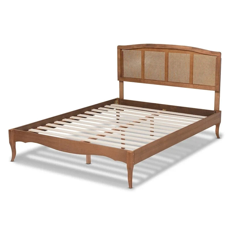 Wood and Synthetic Rattan Platform Bed – Ash Walnut, French Provincial Style