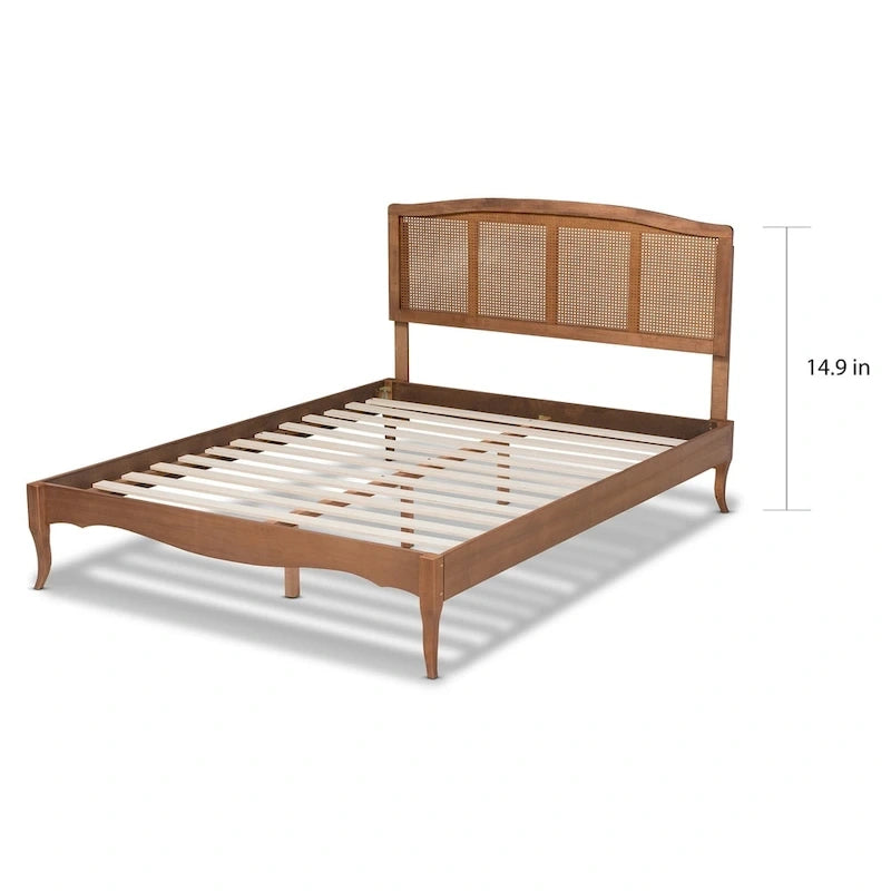 Wood and Synthetic Rattan Platform Bed – Ash Walnut, French Provincial Style