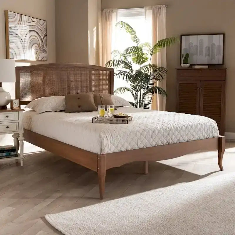 Wood and Synthetic Rattan Platform Bed – Ash Walnut, French Provincial Style