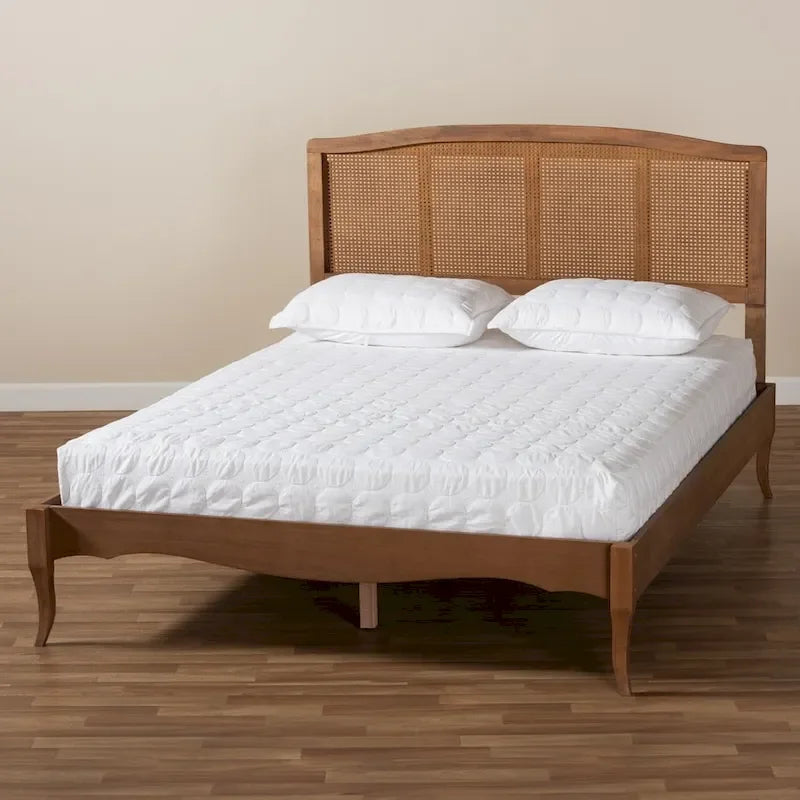 Wood and Synthetic Rattan Platform Bed – Ash Walnut, French Provincial Style