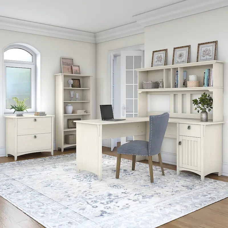  Salinas 60W L Shaped Desk Office Suite in Antique White