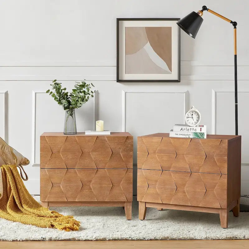 Table de chevet de rangement Ethe Mid-Century à 2 tiroirs avec pieds réglables en bois massif et station de charge, ensemble de 2, par HULALA HOME