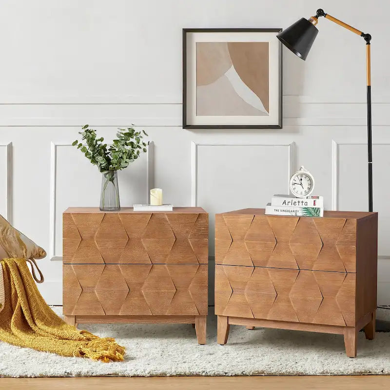 Table de chevet de rangement Ethe Mid-Century à 2 tiroirs avec pieds réglables en bois massif et station de charge, ensemble de 2, par HULALA HOME