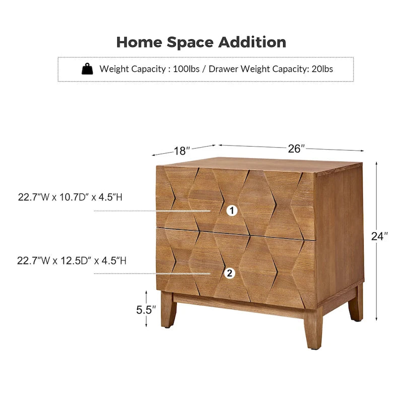 Table de chevet de rangement Ethe Mid-Century à 2 tiroirs avec pieds réglables en bois massif et station de charge, ensemble de 2, par HULALA HOME