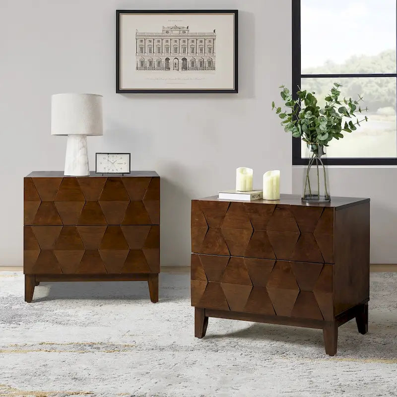 Table de chevet de rangement Ethe Mid-Century à 2 tiroirs avec pieds réglables en bois massif et station de charge, ensemble de 2, par HULALA HOME