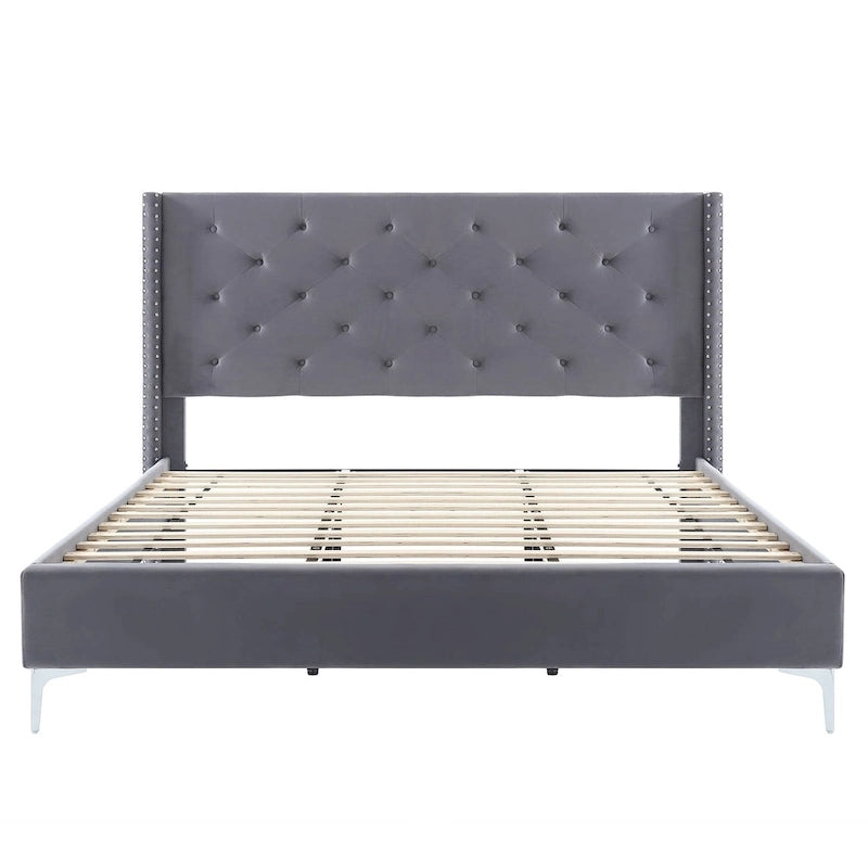 Queen Size Velvet Upholstered Platform Bed Frame with 6 inches Metal Legs