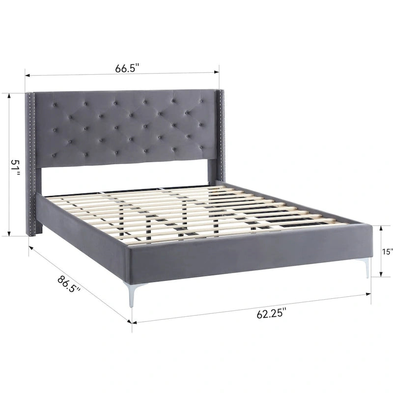 Queen Size Velvet Upholstered Platform Bed Frame with 6 inches Metal Legs