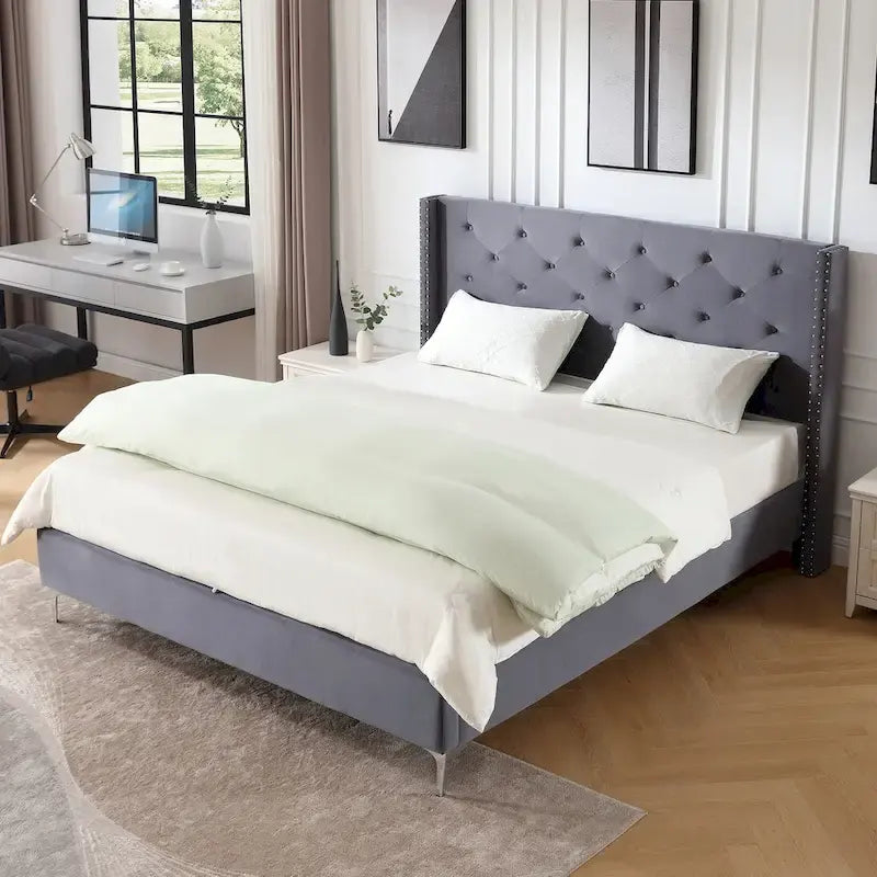 Queen Size Velvet Upholstered Platform Bed Frame with 6 inches Metal Legs