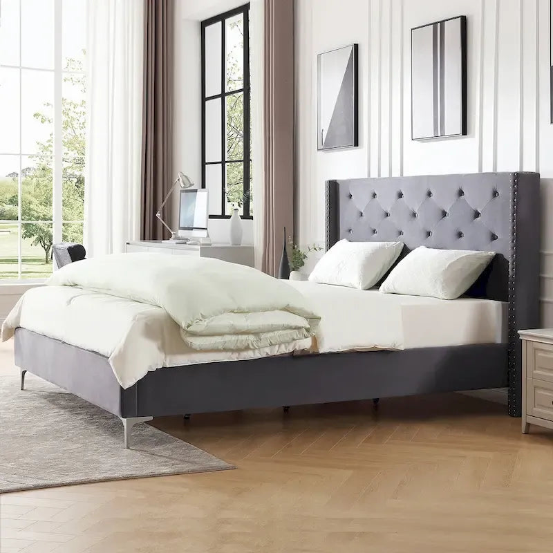 Queen Size Velvet Upholstered Platform Bed Frame with 6 inches Metal Legs