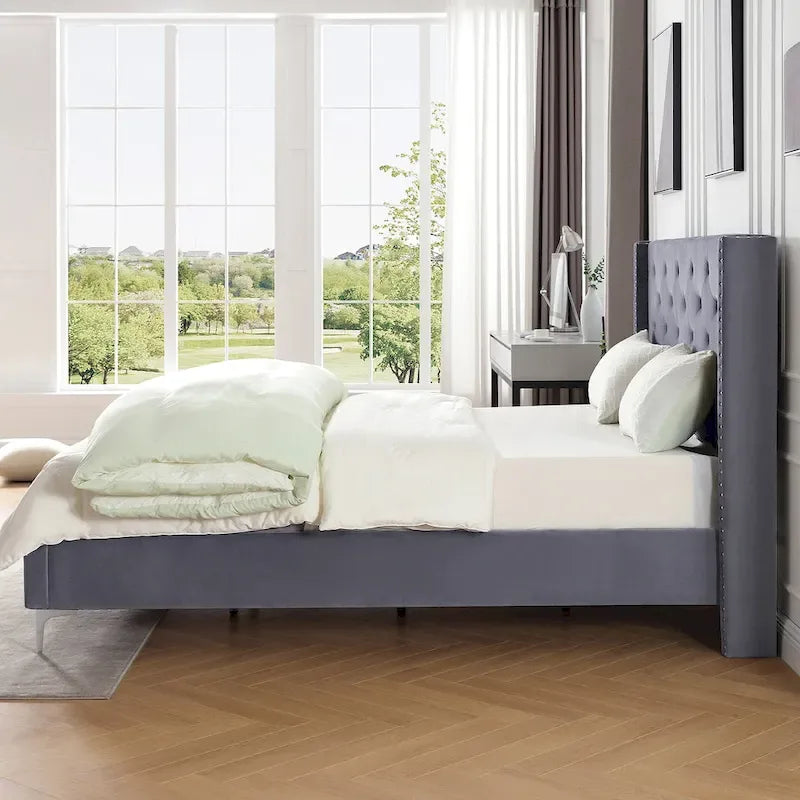 Queen Size Velvet Upholstered Platform Bed Frame with 6 inches Metal Legs