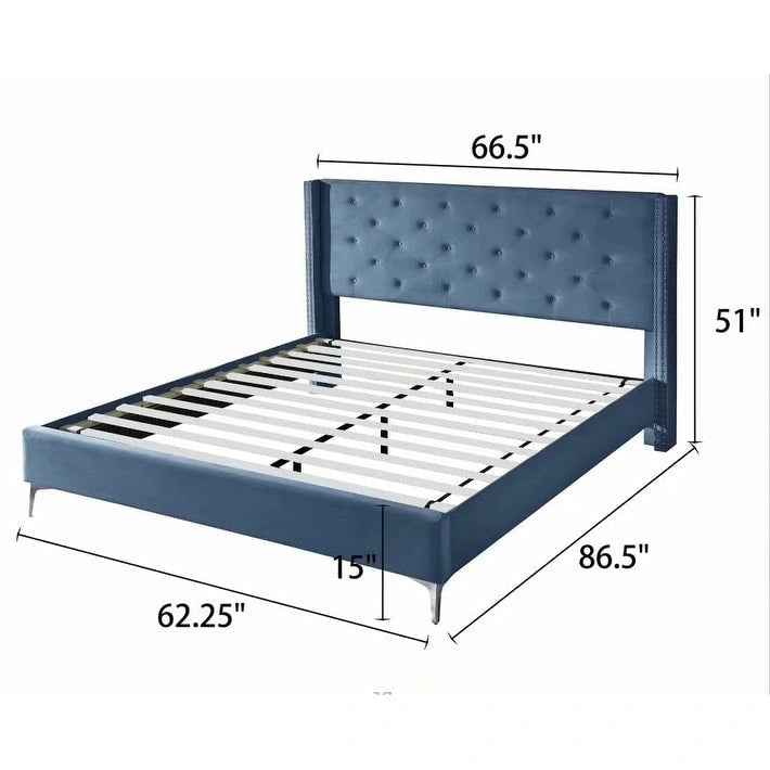 Queen Size Velvet Upholstered Platform Bed Frame with 6 inches Metal Legs
