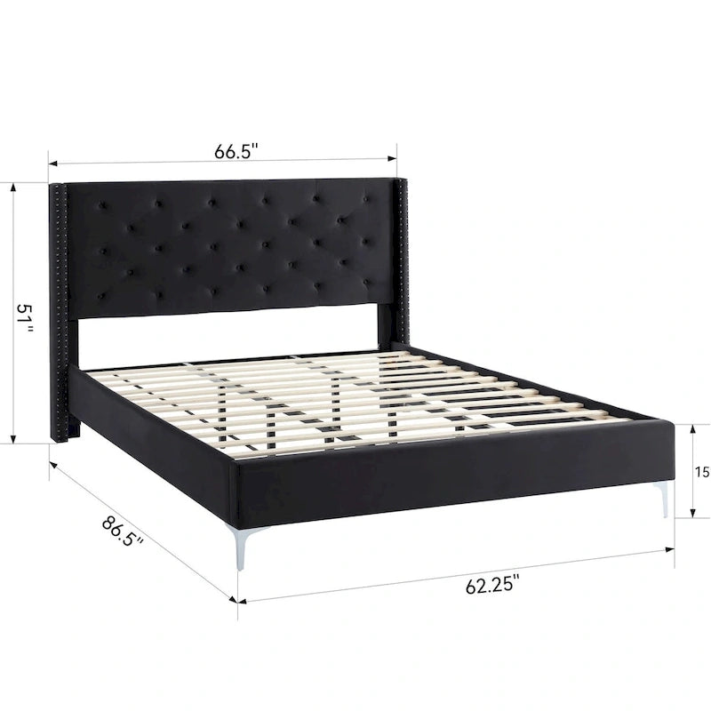 Queen Size Velvet Upholstered Platform Bed Frame with 6 inches Metal Legs