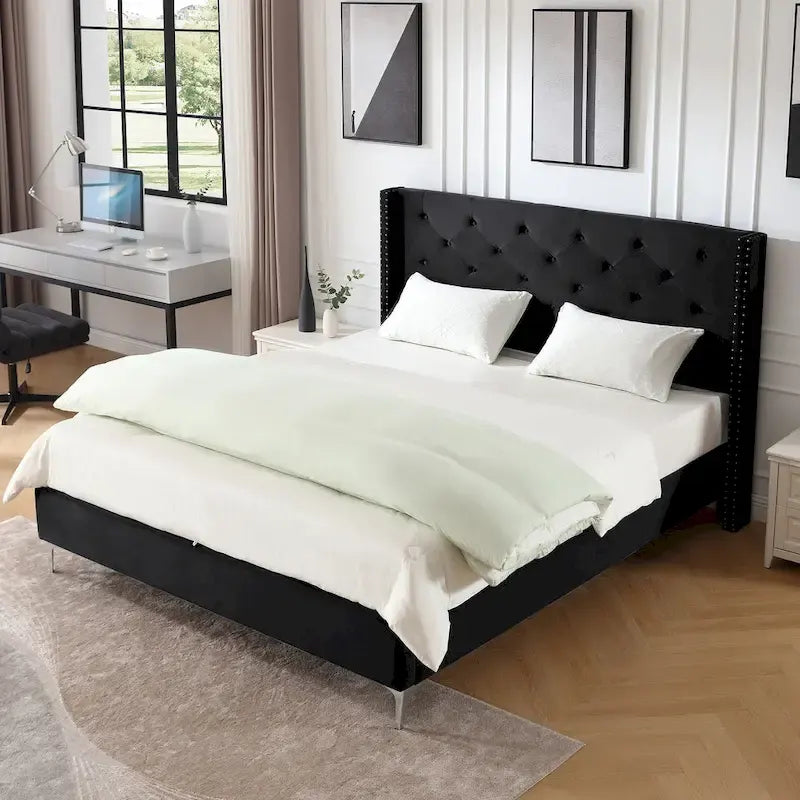 Queen Size Velvet Upholstered Platform Bed Frame with 6 inches Metal Legs