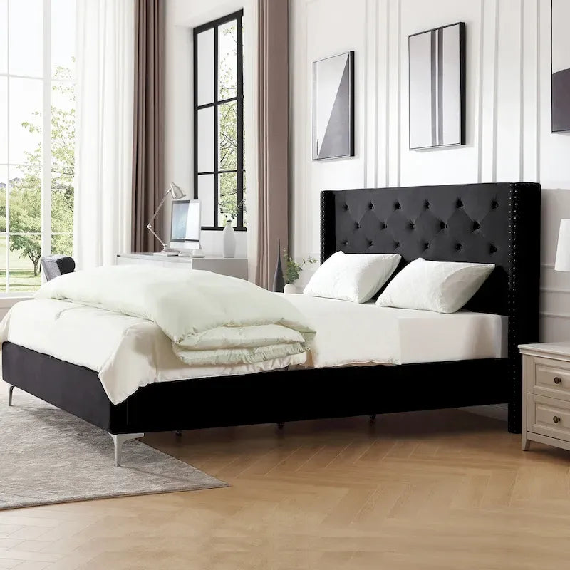 Queen Size Velvet Upholstered Platform Bed Frame with 6 inches Metal Legs